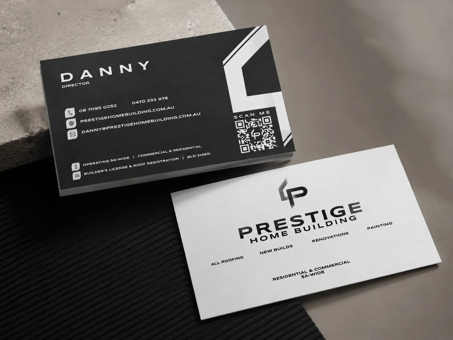 Prestige Home Building business card design mockup showcasing brand identity by Business Nebula